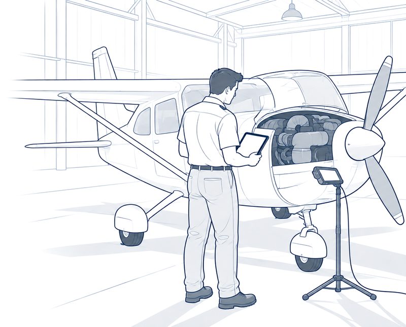 A mechanic holding a tablet beside a high-wing single with its engine cowl open, in a hangar