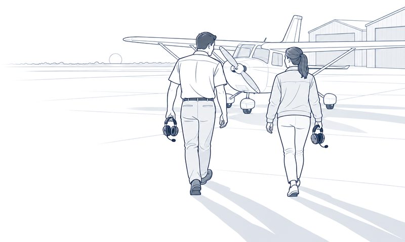 Two people carrying headsets walk across a ramp toward a parked high-wing single