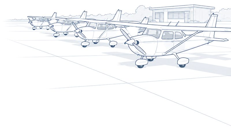 Four high-wing singles parked in a row on a ramp outside a small building