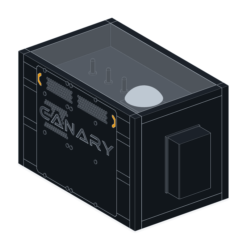 Illustration of the Canary flight node with the CANARY stencil side plate and amber chevron accents
