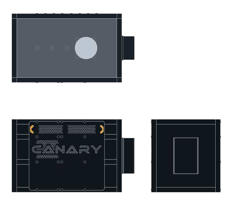 Illustration of the Canary flight node: front, side, and top views